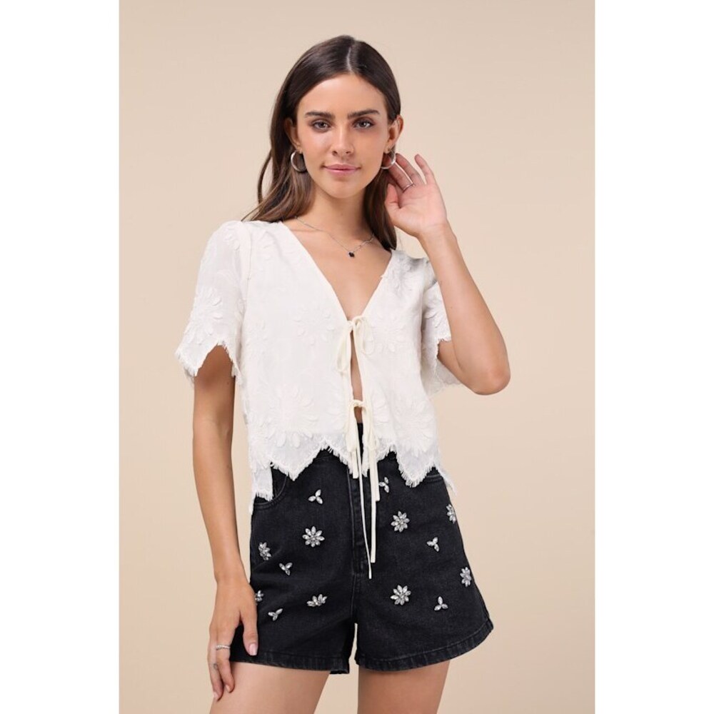 Lulus Easygoing Glow Black Denim Rhinestone High Rise Shorts - Size M